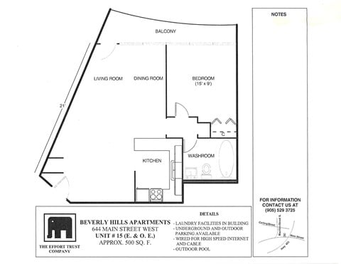 Floor plan for studio, 1 bath, 500 sqft